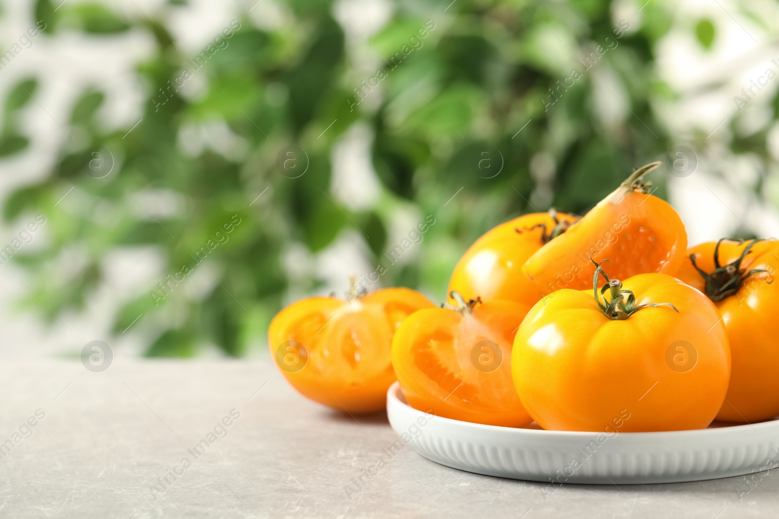 Photo of Fresh ripe yellow tomatoes on light table outdoors. Space for text