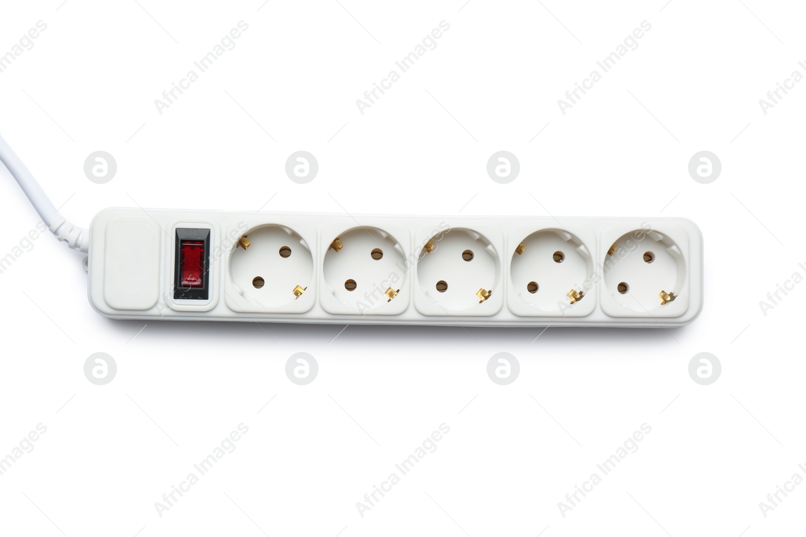 Photo of Extension cord on white background, top view. Electrician's professional equipment