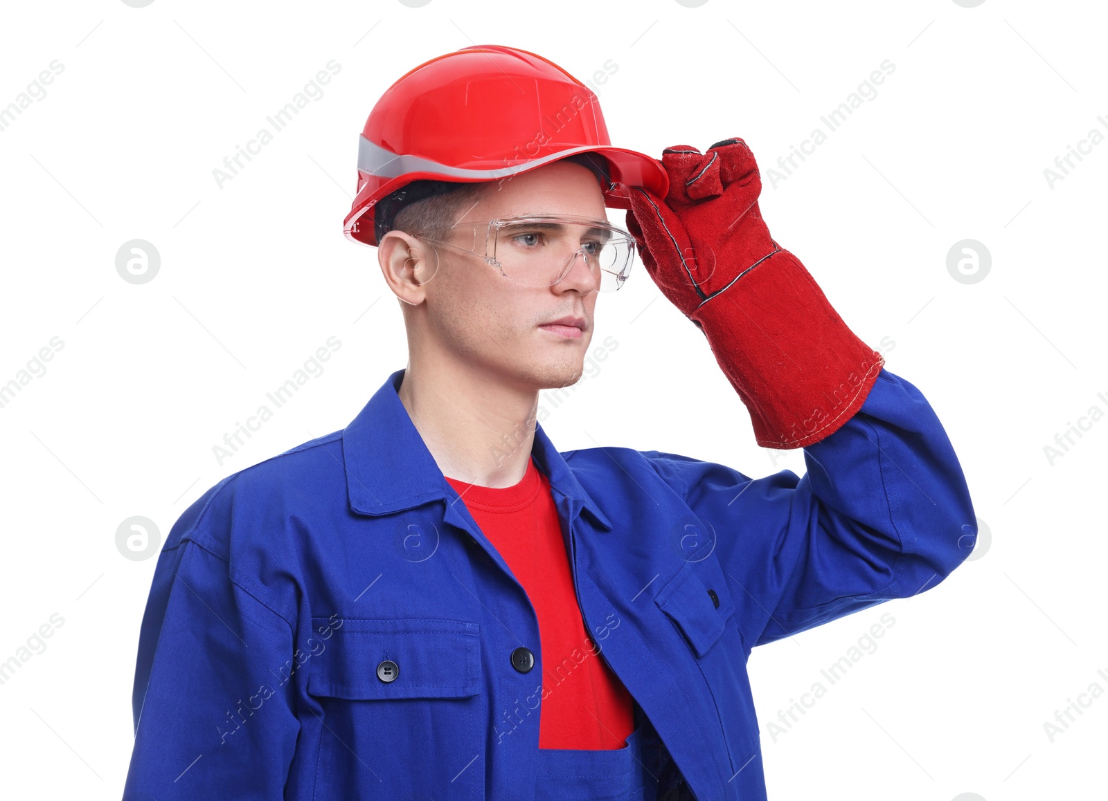 Photo of Young man wearing safety equipment on white background