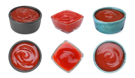 Image of Set of tasty ketchup in different bowls on white background, different views