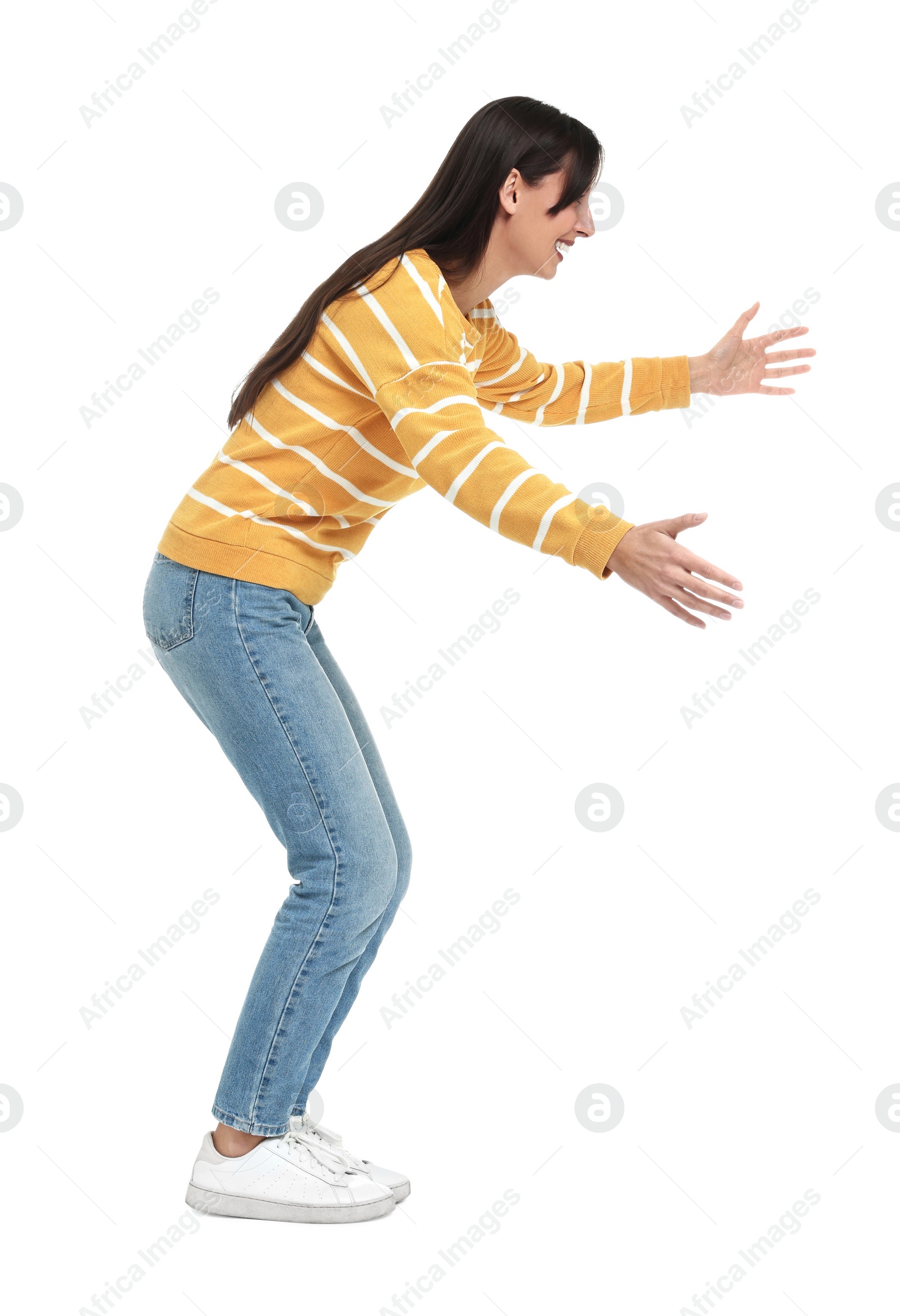 Photo of Happy woman greeting someone on white background