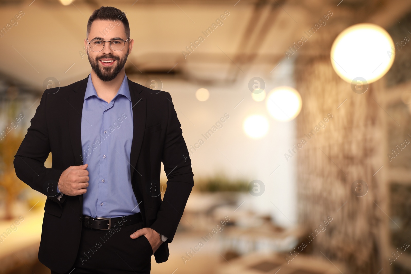 Image of Successful lawyer in glasses on blurred background, space for text