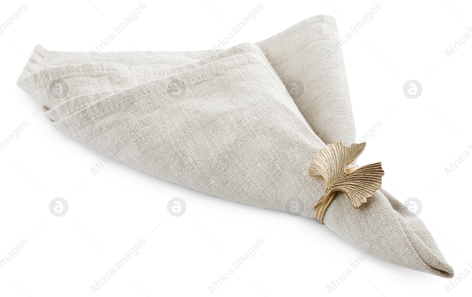 Photo of Napkin with decorative ring for table setting isolated on white