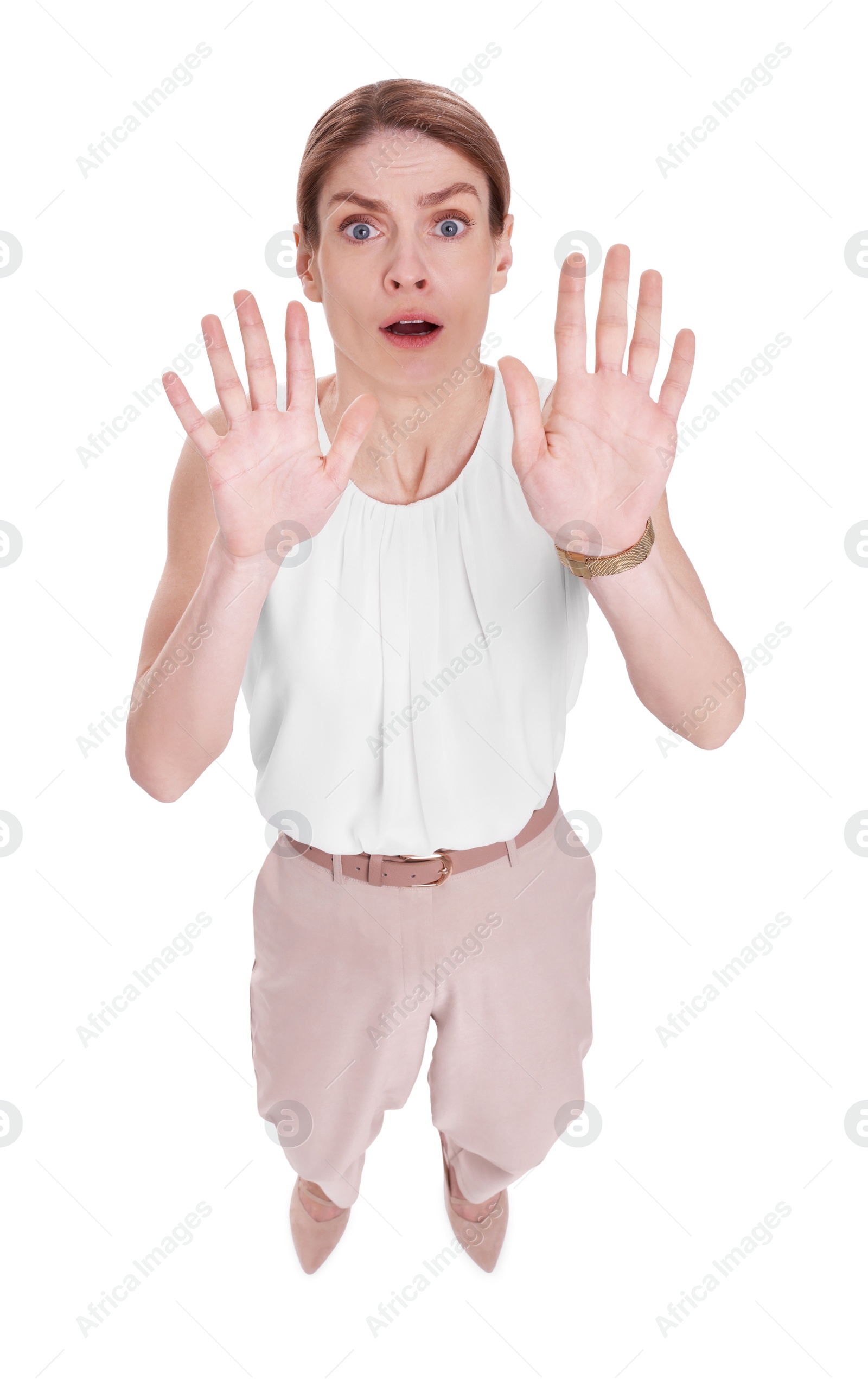 Photo of Beautiful businesswoman avoiding something on white background, above view