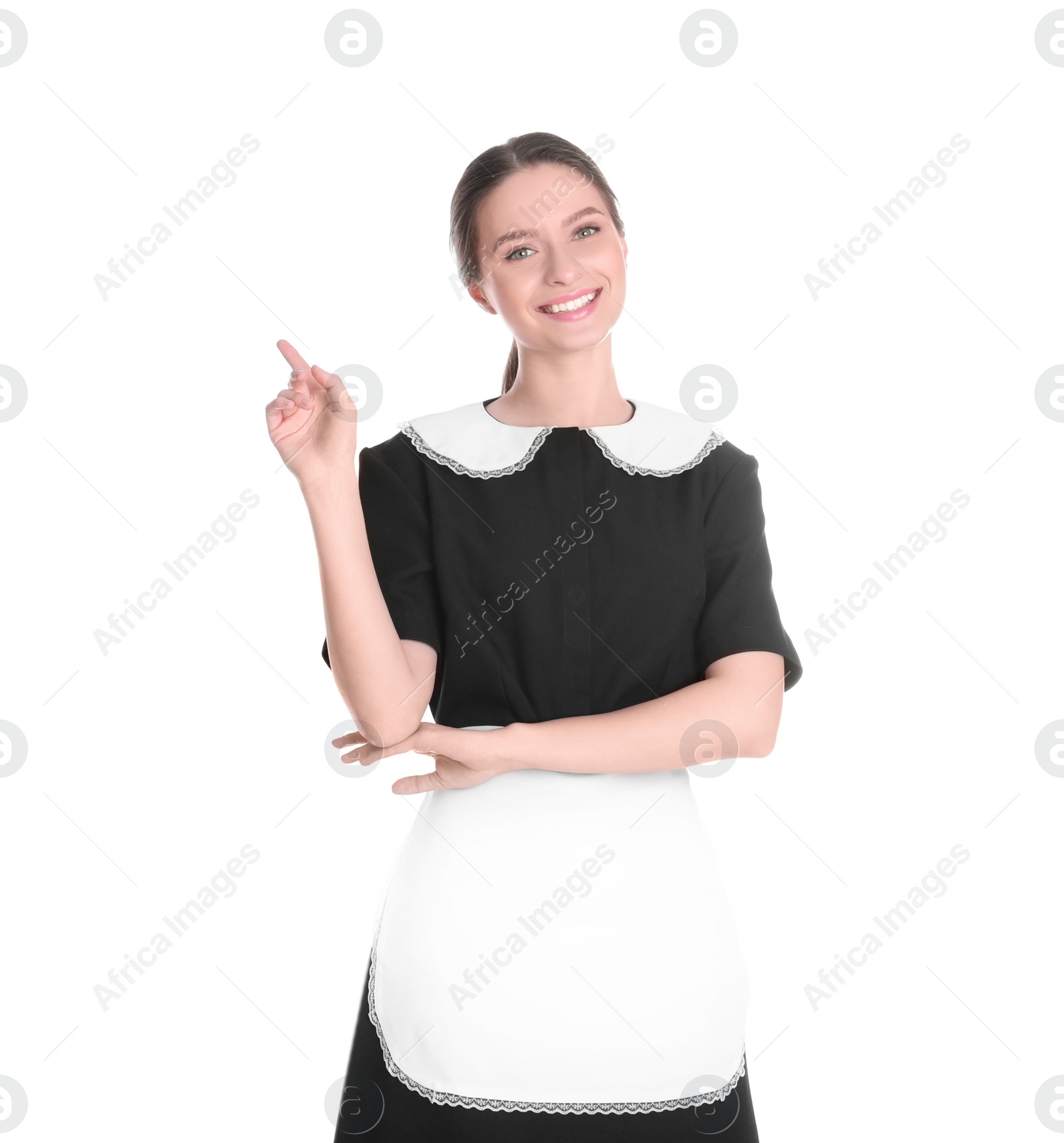 Photo of Young chambermaid in uniform on white background