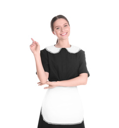 Photo of Young chambermaid in uniform on white background