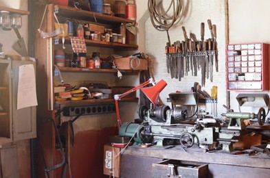 Many different repairing retro tools at workshop