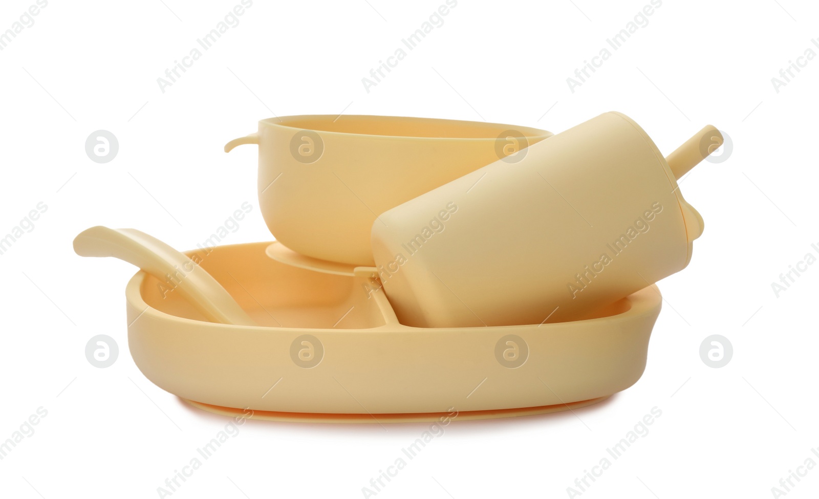 Photo of Set of plastic dishware on white background. Serving baby food