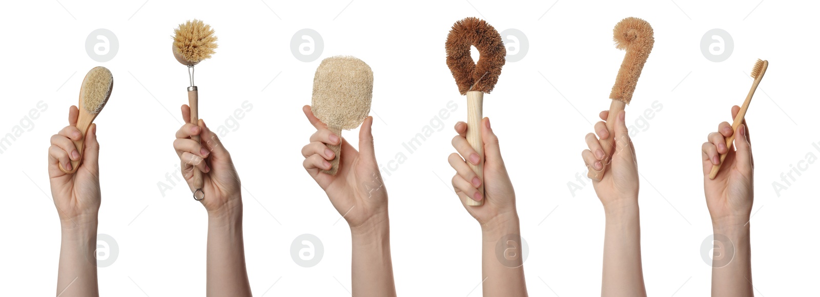 Image of Collage with photos of women holding different eco friendly items on white background, closeup. Conscious consumption