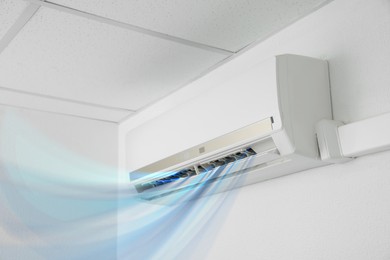 Image of Modern conditioner and illustration of cool air flow on white wall indoors