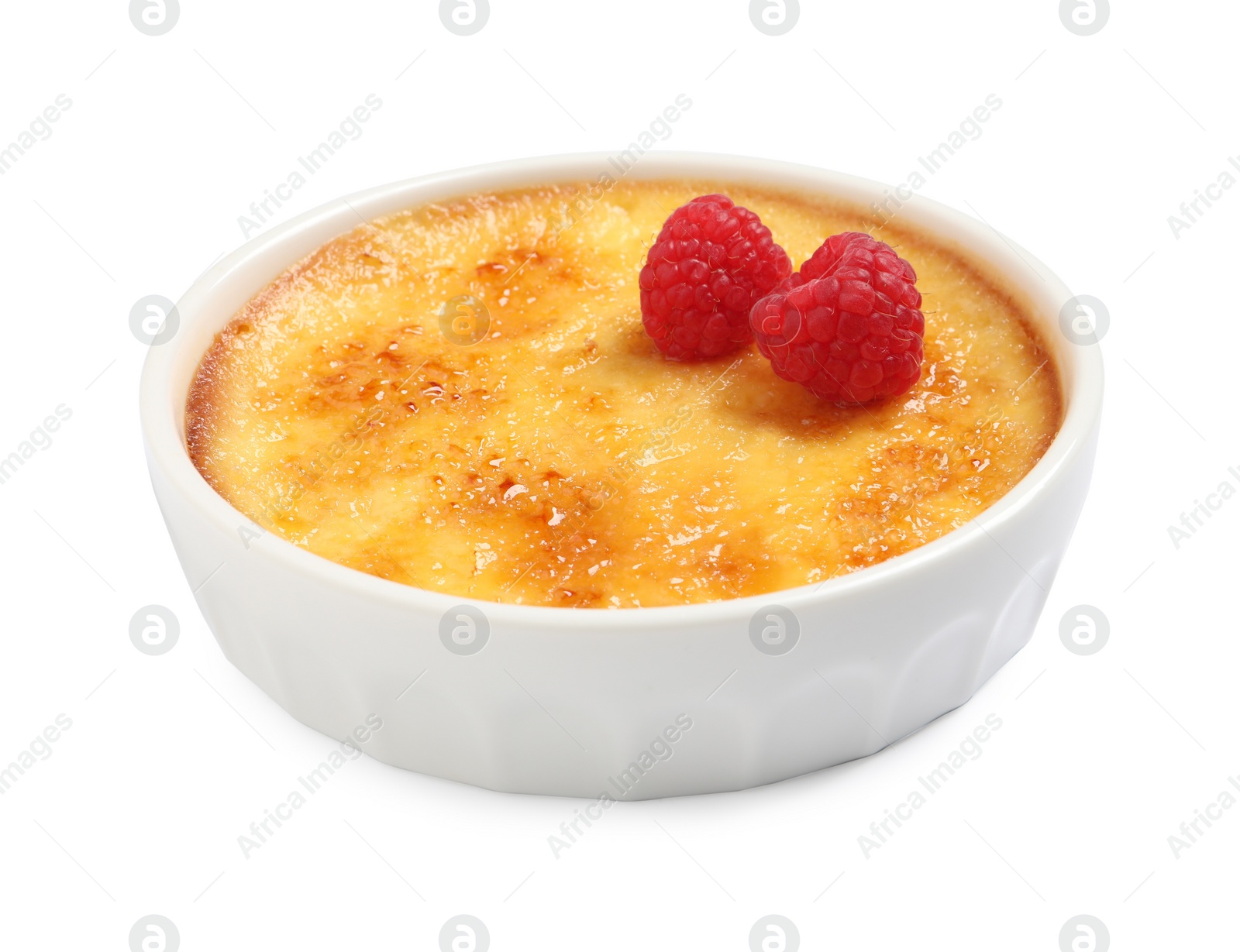 Photo of Delicious creme brulee with fresh raspberries isolated on white