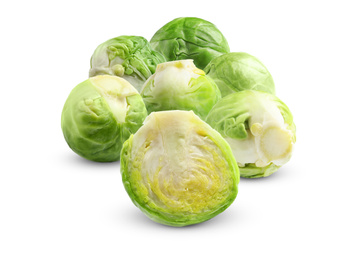 Fresh tasty Brussels sprouts on white background