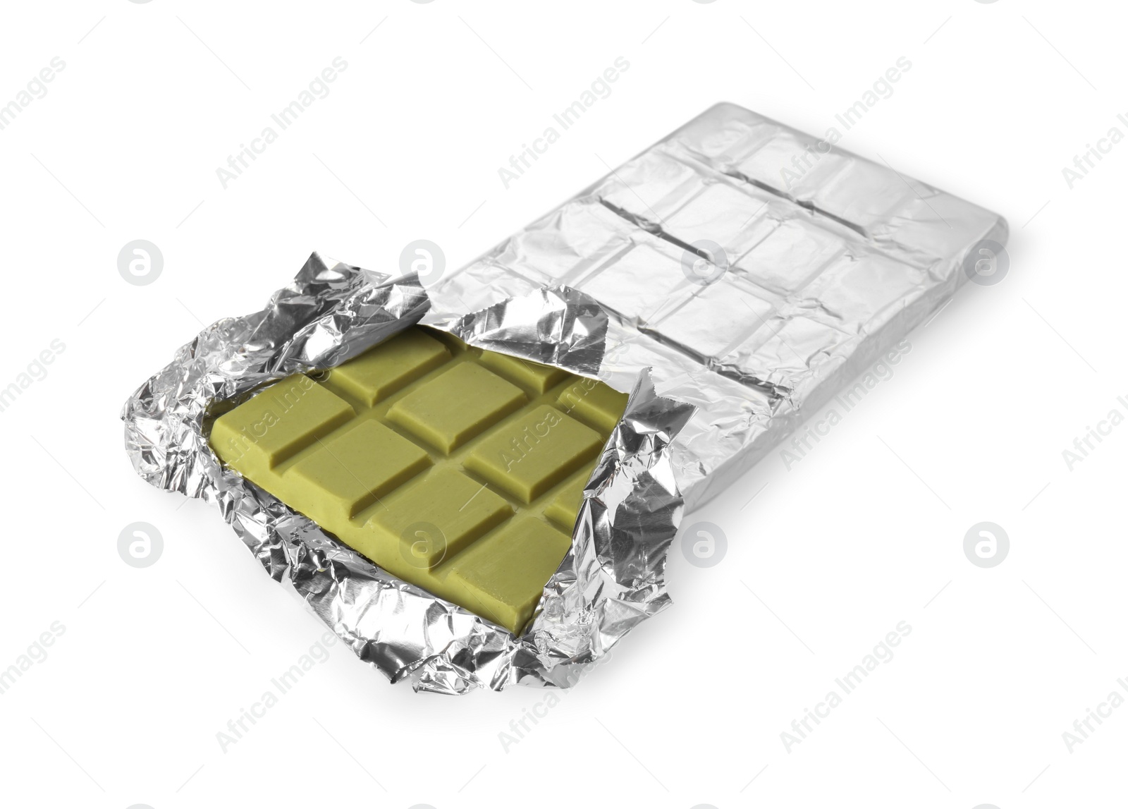 Photo of Tasty matcha chocolate bar wrapped in foil isolated on white