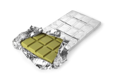 Photo of Tasty matcha chocolate bar wrapped in foil isolated on white