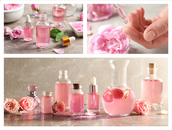 Image of Collage of different photos with essential oils and flowers