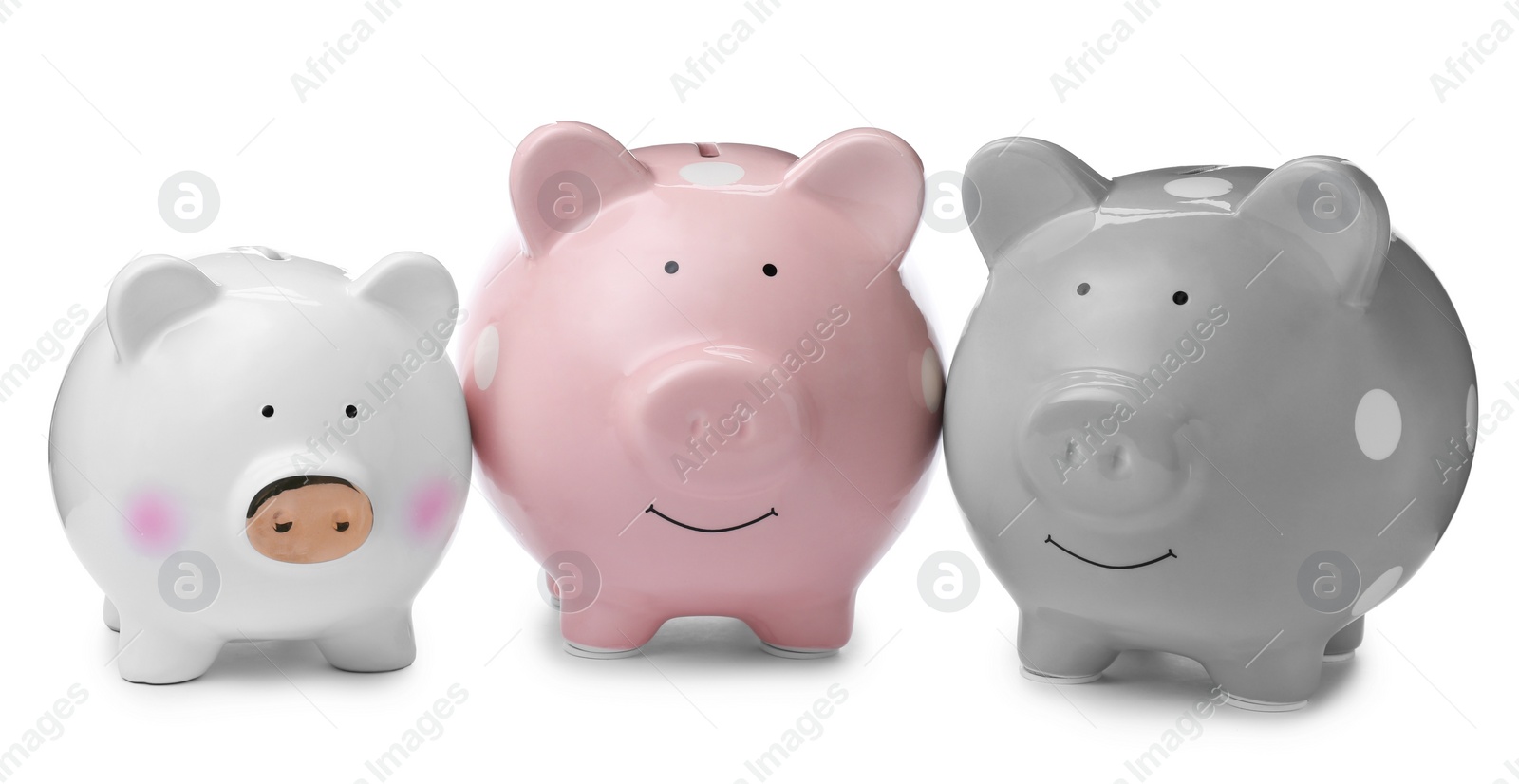 Photo of Different cute piggy banks on white background. Money saving