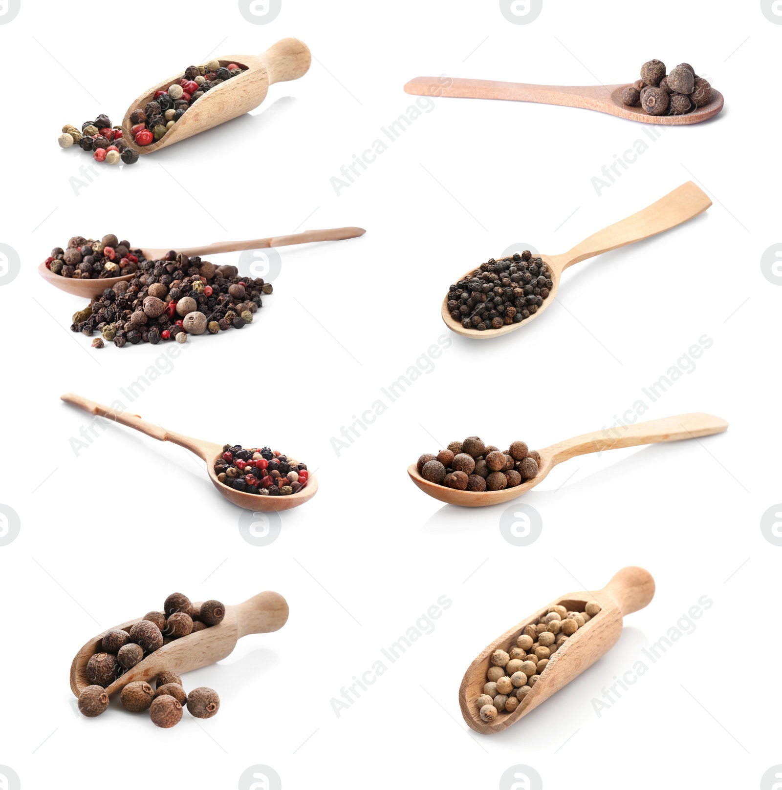 Image of Set of different peppercorns on white background