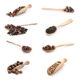 Image of Set of different peppercorns on white background