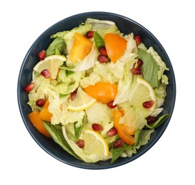 Photo of Delicious salad with Chinese cabbage, lemon, persimmon and pomegranate seeds isolated on white, top view