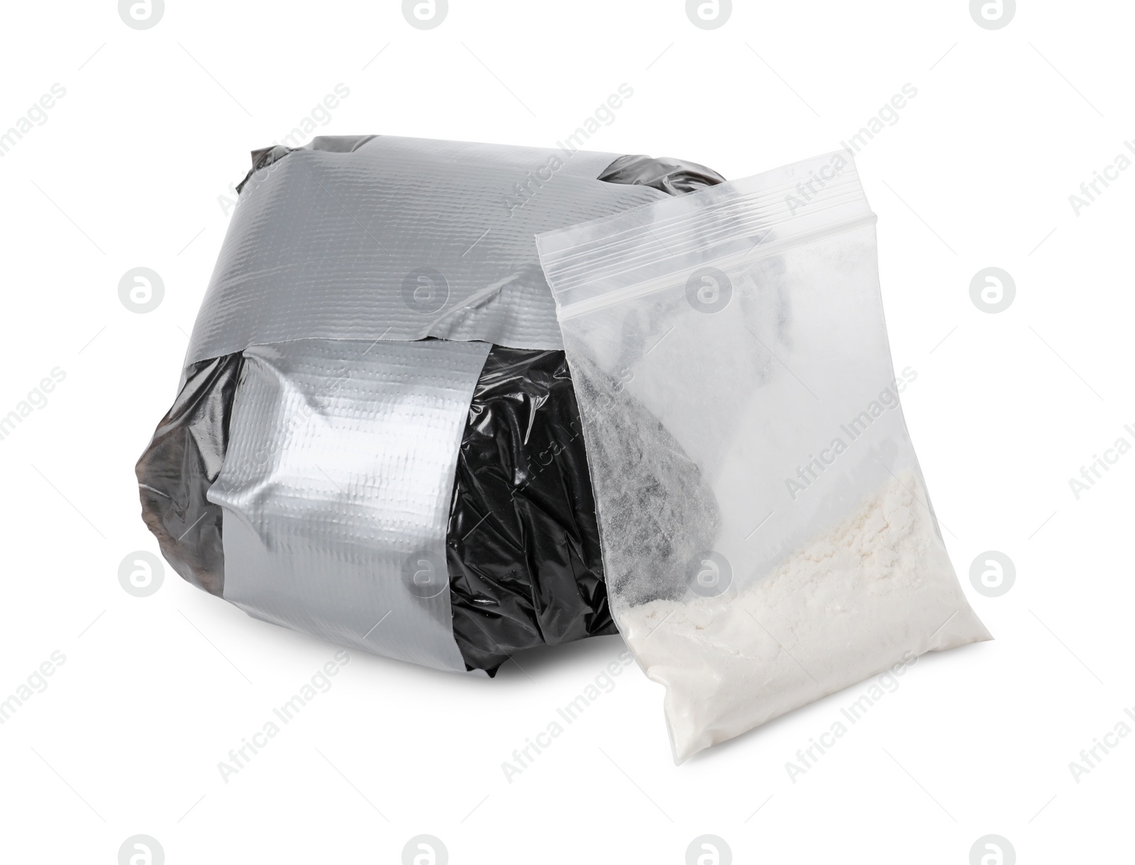 Photo of Packages with narcotics isolated on white. Drug addiction