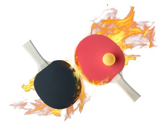 Image of Ping pong rackets and ball in fire on white background