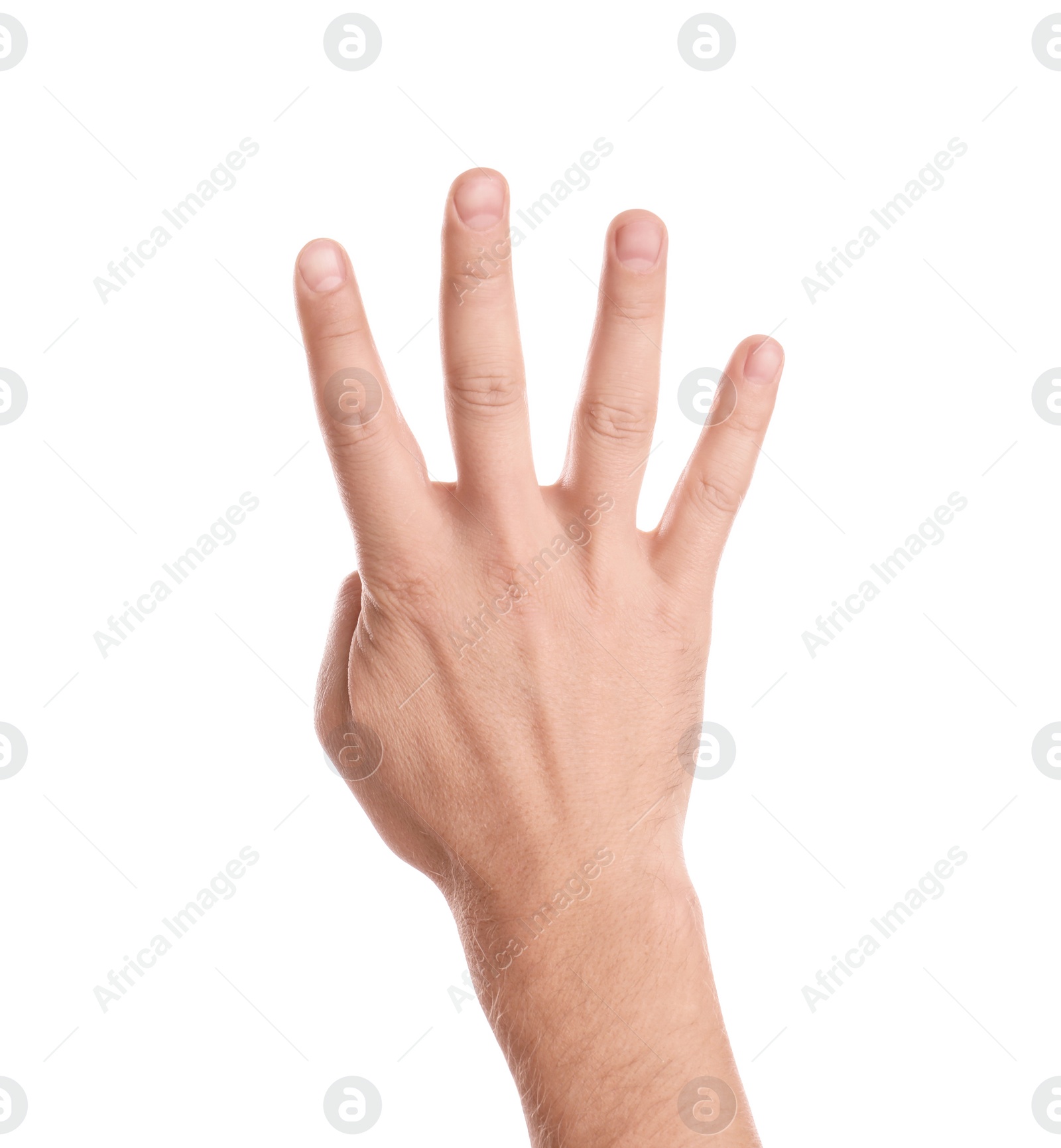 Photo of Man showing four fingers on white background, closeup of hand