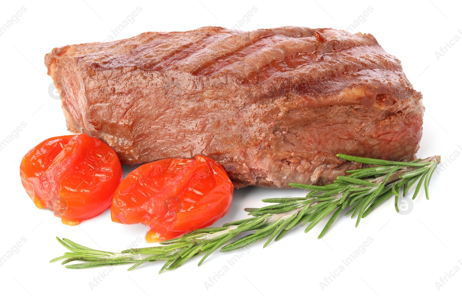 Photo of Delicious grilled beef steak with tomatoes and rosemary isolated on white