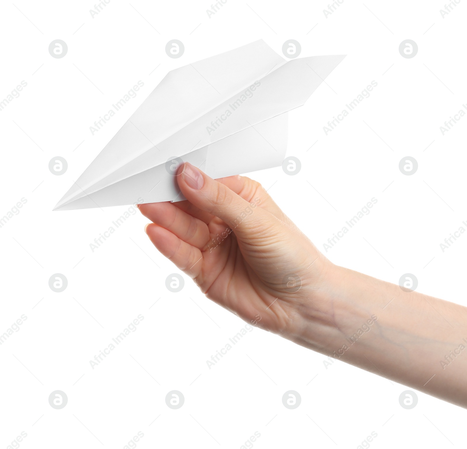 Photo of Woman holding paper plane on white background, closeup