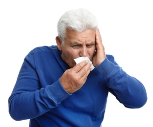 Photo of Mature man suffering from cold on white background