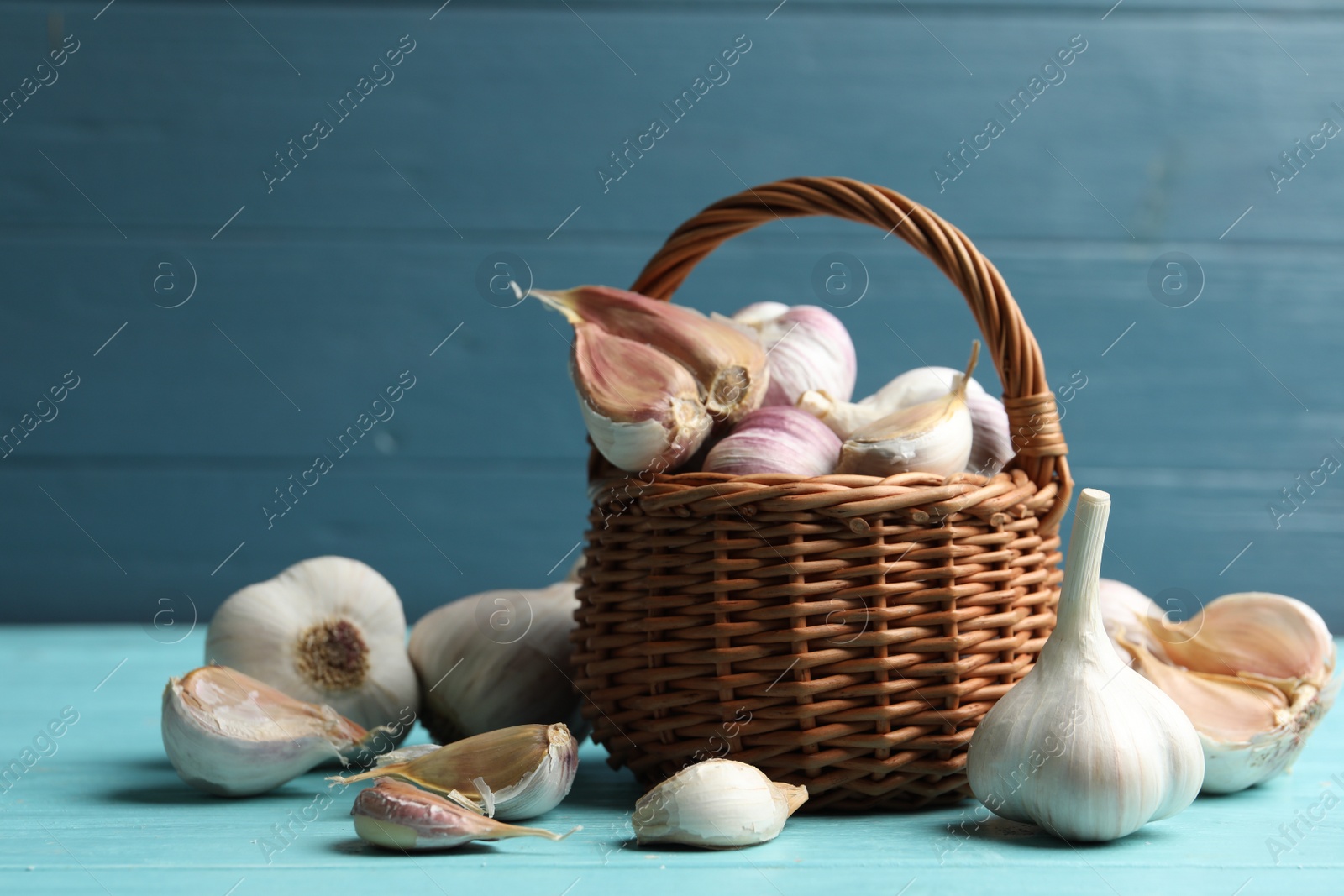 Photo of Fresh unpeeled garlic bulbs and cloves on light blue wooden table. Organic product