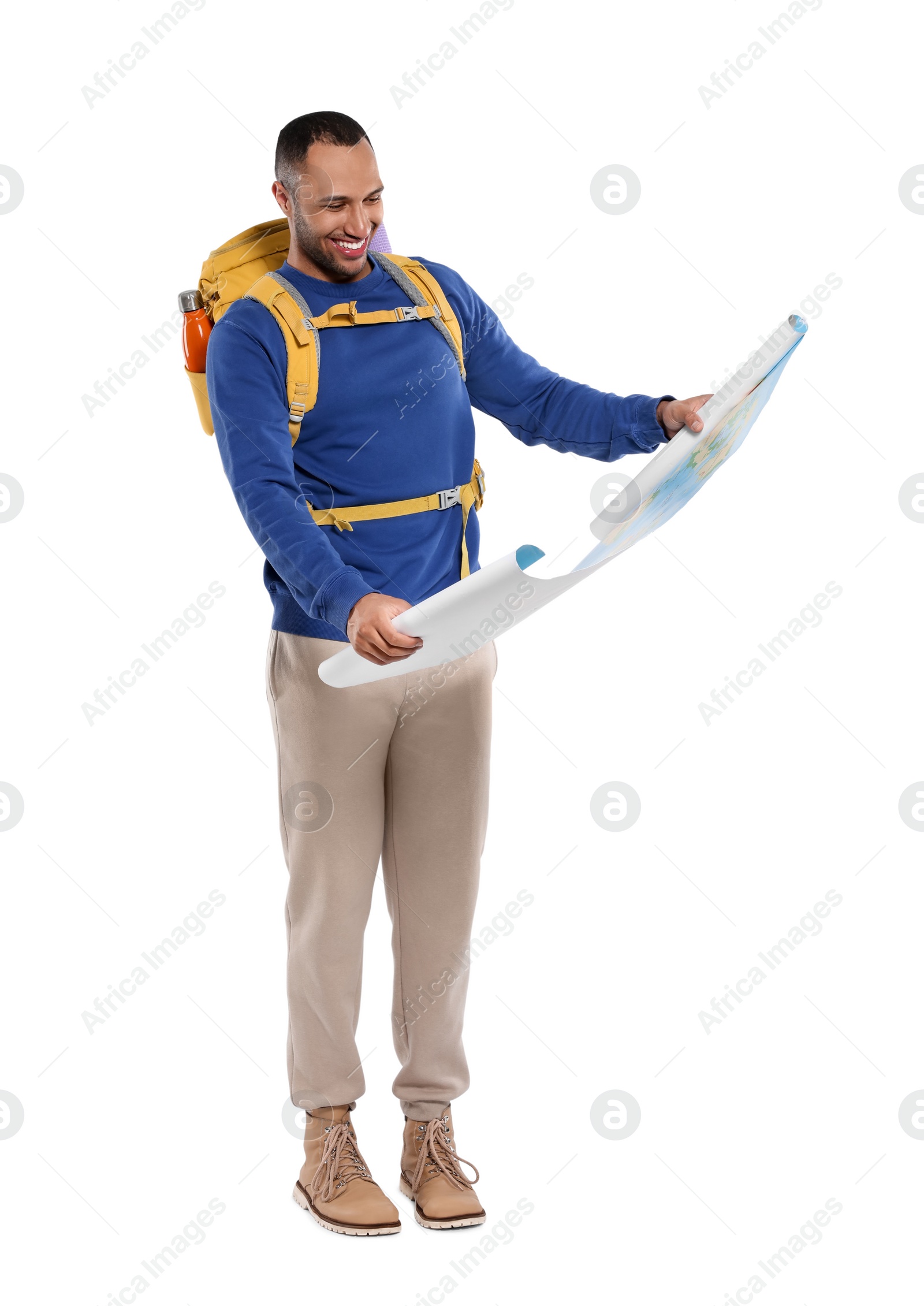 Photo of Happy tourist with backpack and map on white background