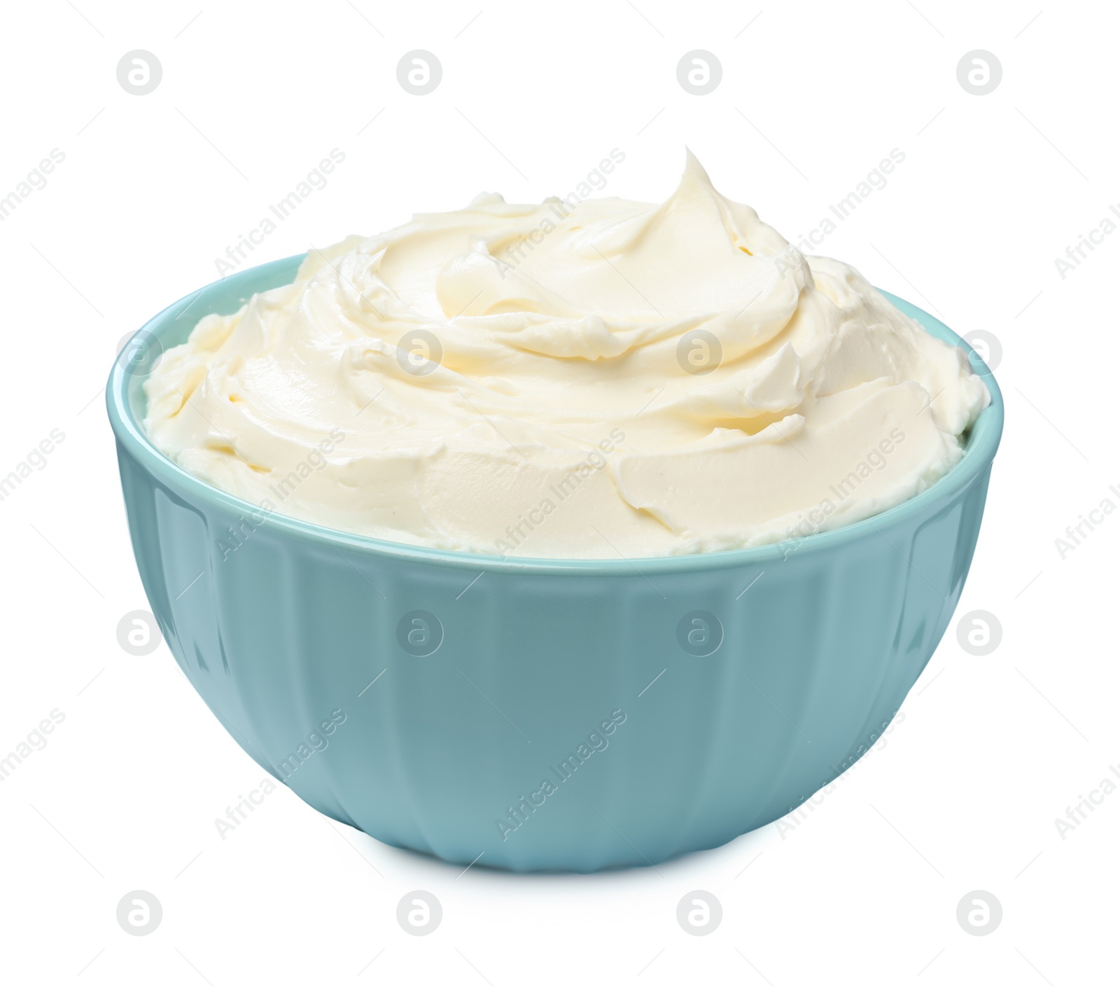 Photo of Bowl of tasty cream cheese isolated on white 