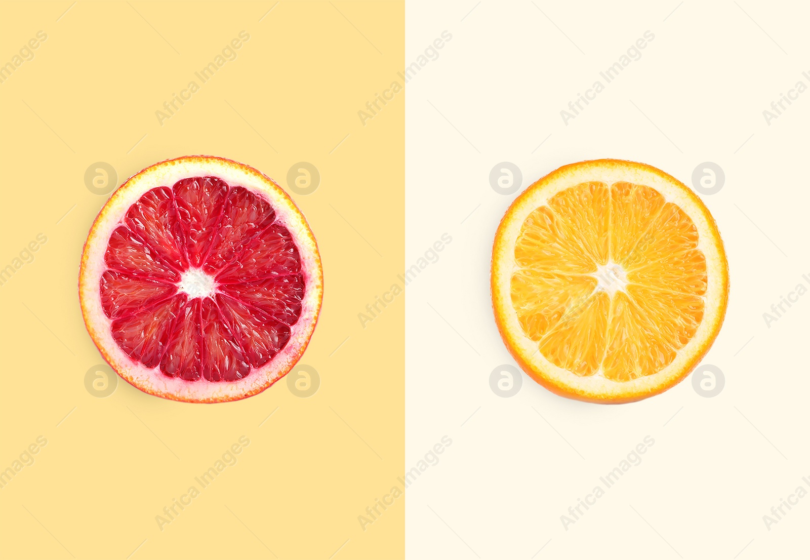 Image of Slices of exotic citrus fruits on color background, top view