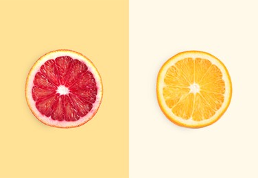 Slices of exotic citrus fruits on color background, top view