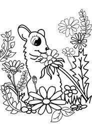 Illustration of Cute mouse and flowers on white background, illustration. Coloring page 