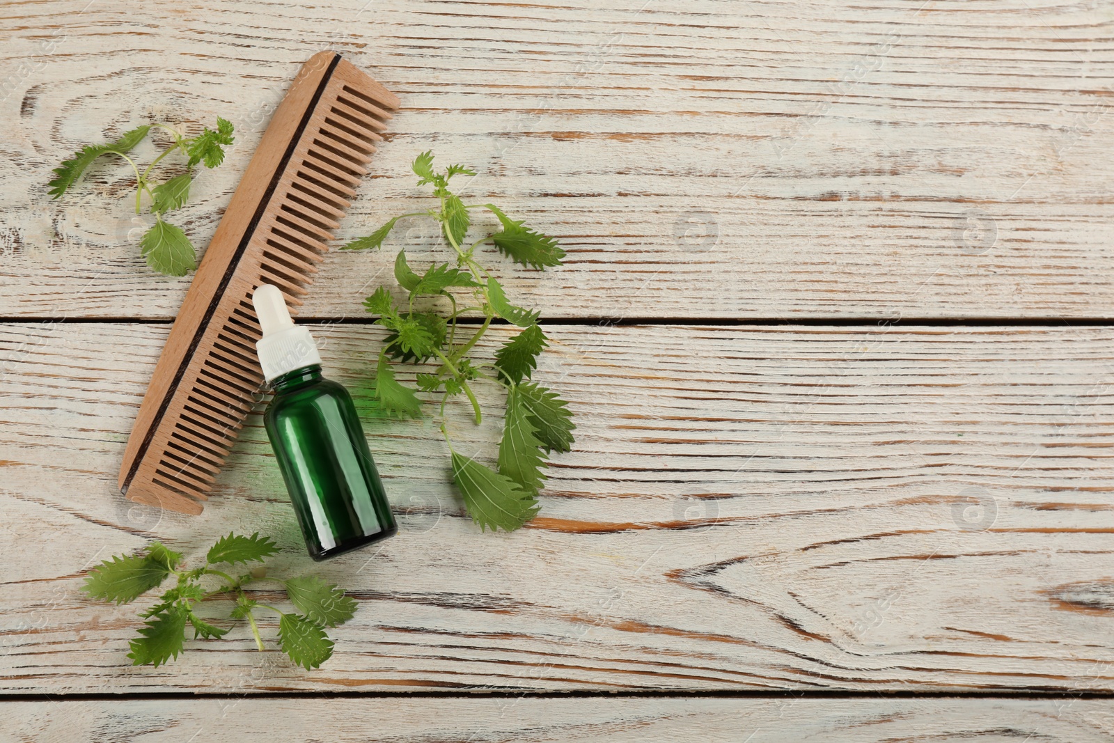 Photo of Stinging nettle, extract and comb on white wooden background, flat lay with space for text. Natural hair care