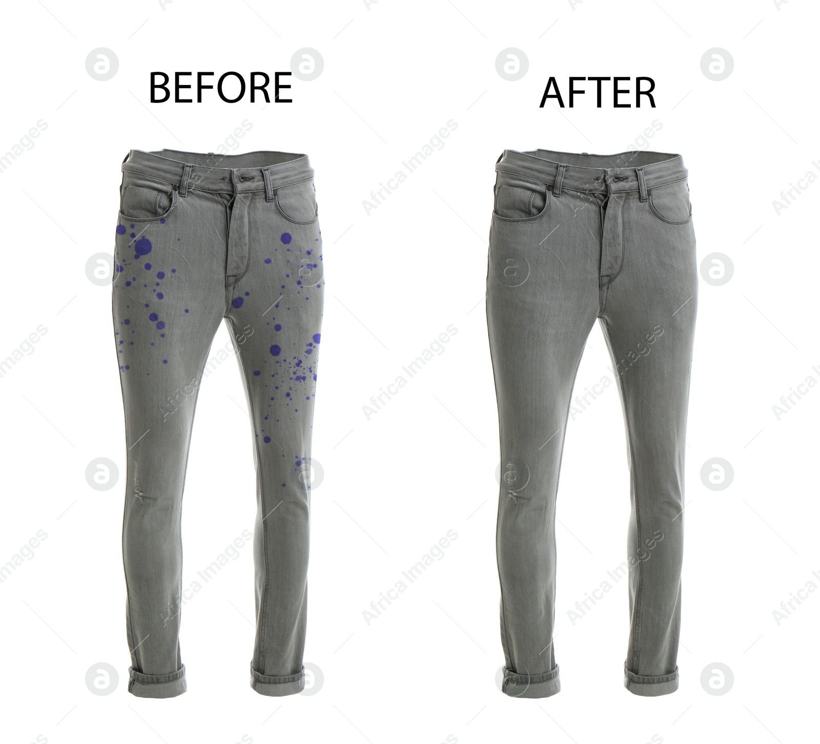 Image of Collage with dirty and clean jeans isolated on white. Before and after washing