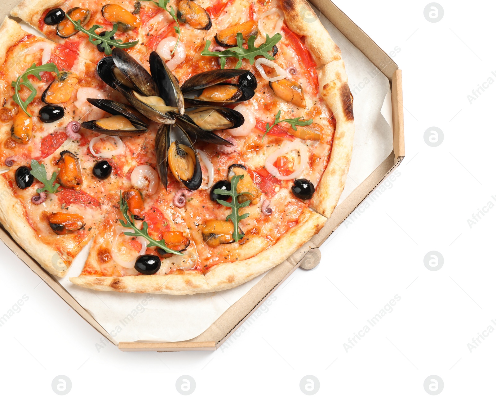 Photo of Tasty pizza with seafood in cardboard box isolated on white, top view