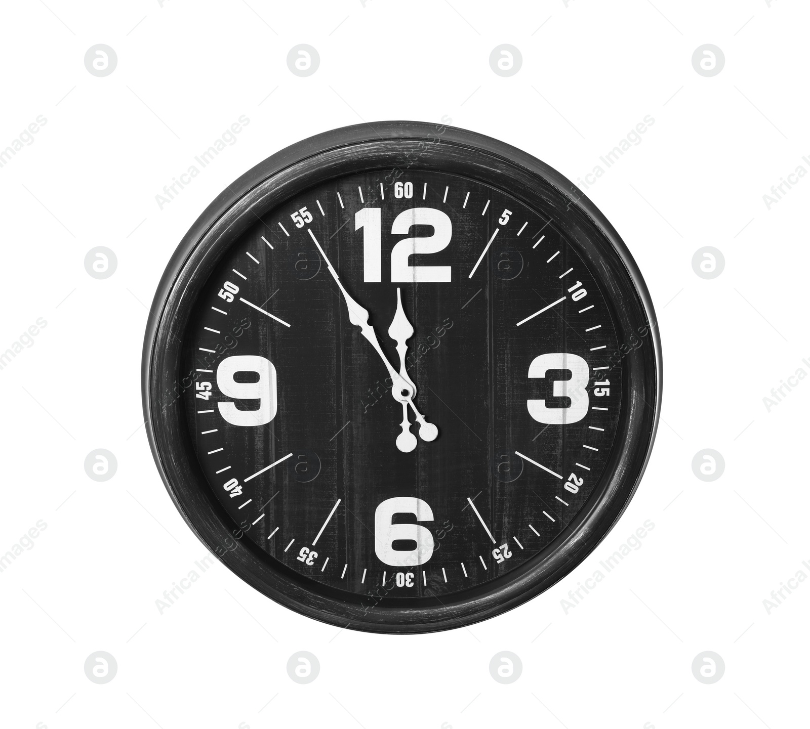 Photo of Clock showing five minutes until midnight on white background. New Year countdown