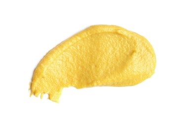 Smear of delicious mustard isolated on white, top view