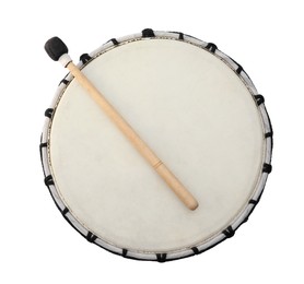 Modern drum with drumstick isolated on white, top view