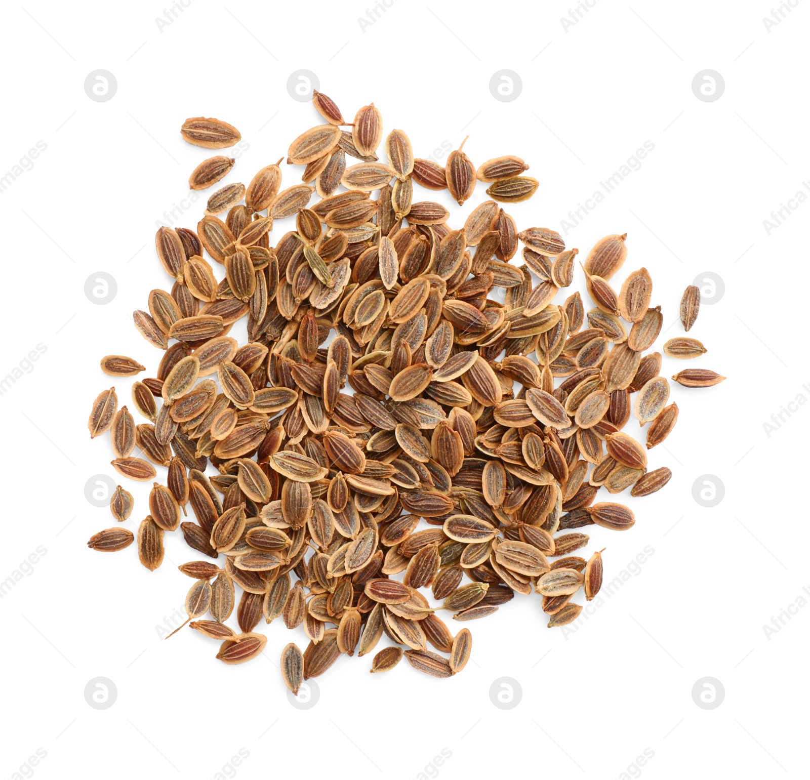 Photo of Pile of dry dill seeds isolated on white, top view