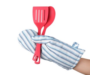 Photo of Chef in oven glove holding utensils on white background, closeup