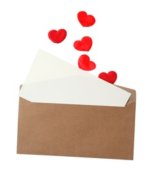 Photo of Blank card, envelope and red decorative hearts on white background. Valentine's Day celebration