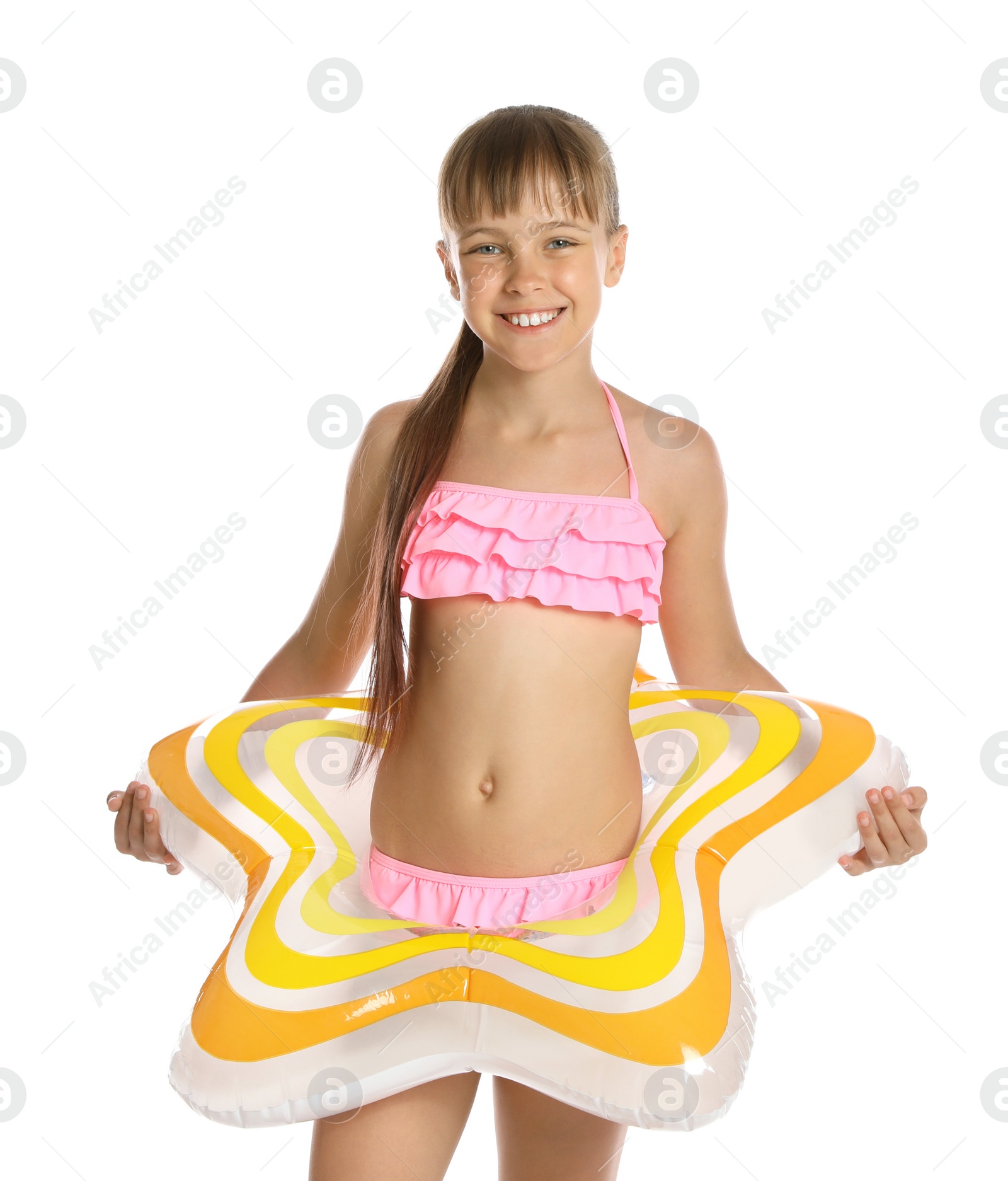 Photo of Cute little girl with bright inflatable ring on white background