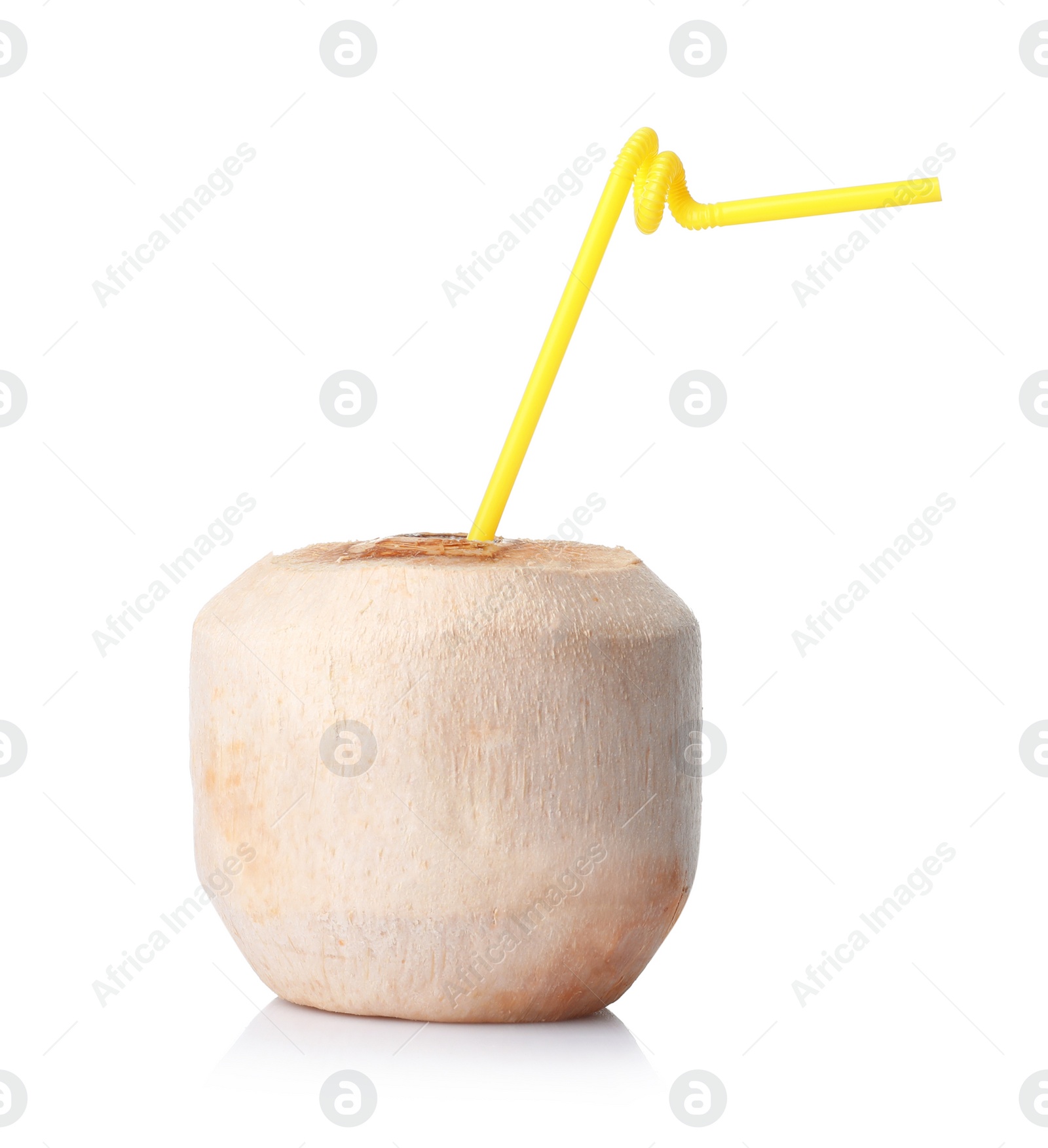 Photo of Peeled coconut with straw on white background