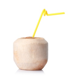 Photo of Peeled coconut with straw on white background