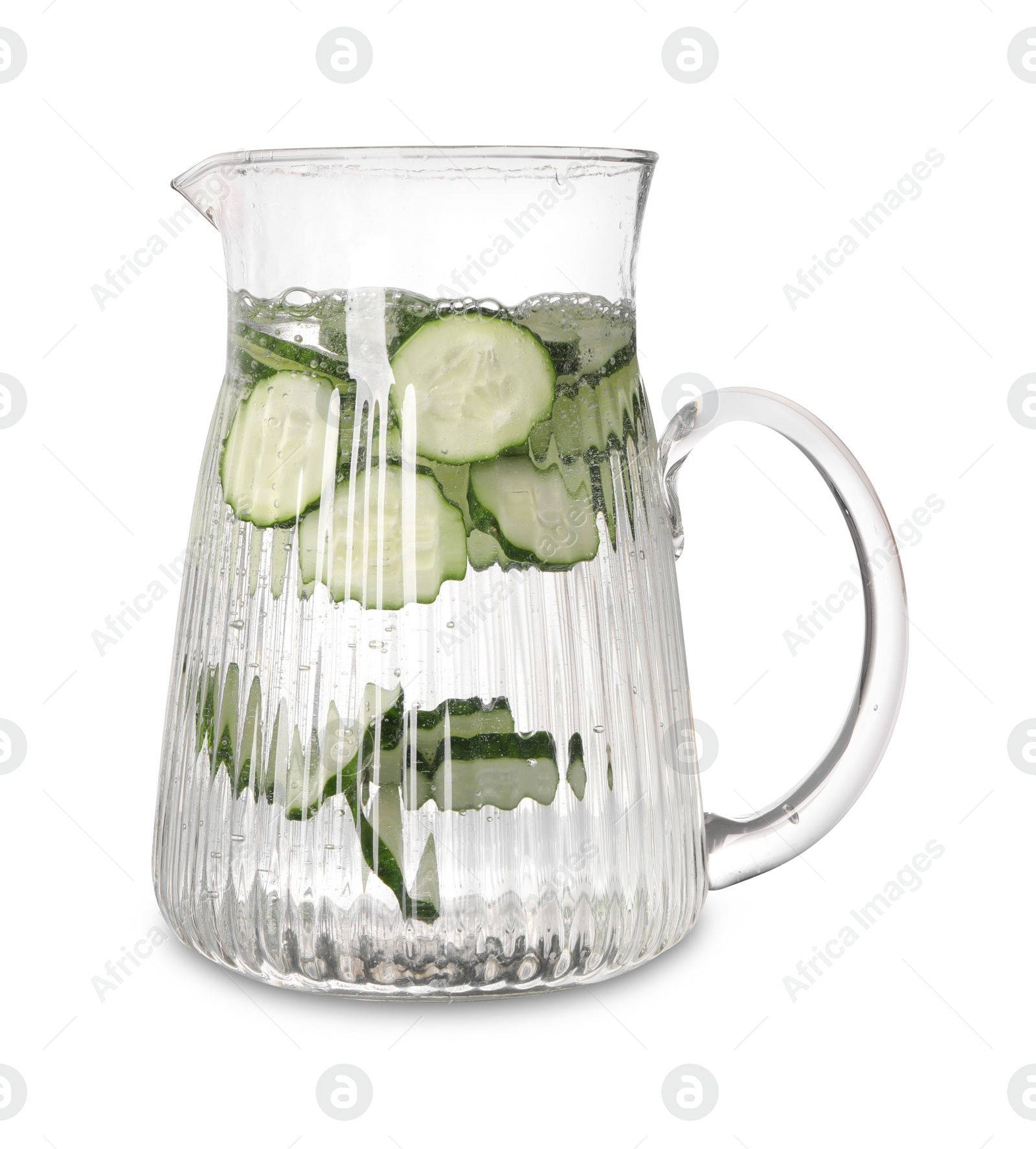 Photo of Refreshing cucumber water in jug isolated on white