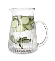 Photo of Refreshing cucumber water in jug isolated on white