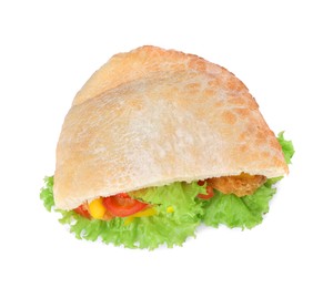 Photo of Delicious pita sandwich with fried fish, pepper, tomatoes and lettuce isolated on white, top view